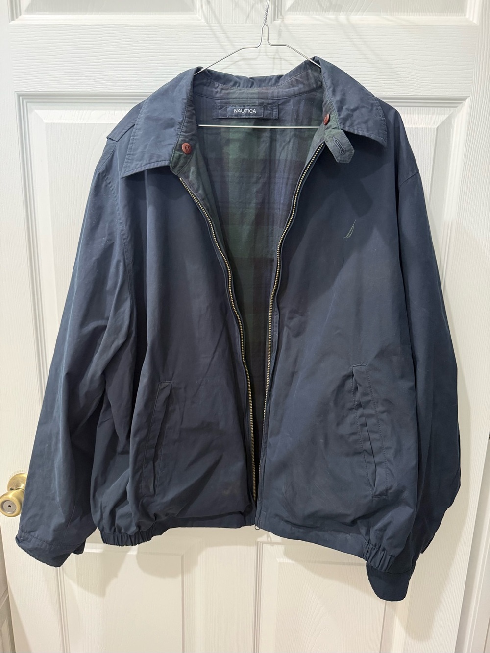 Nautica Reversible Green & Navy Plaid Zip-Up Bomber Jacket
